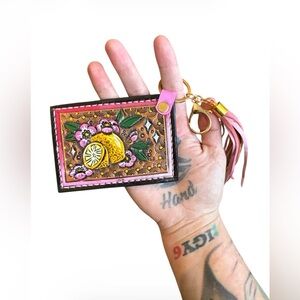 Artisan Handmade Western Southwest Leather Card Holder Lemon Keychain Wallet